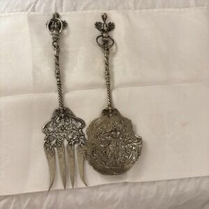 Vintage Bordini Italian Brass Serving Fork & Spoon Ornate Griffin Angels Cherubs